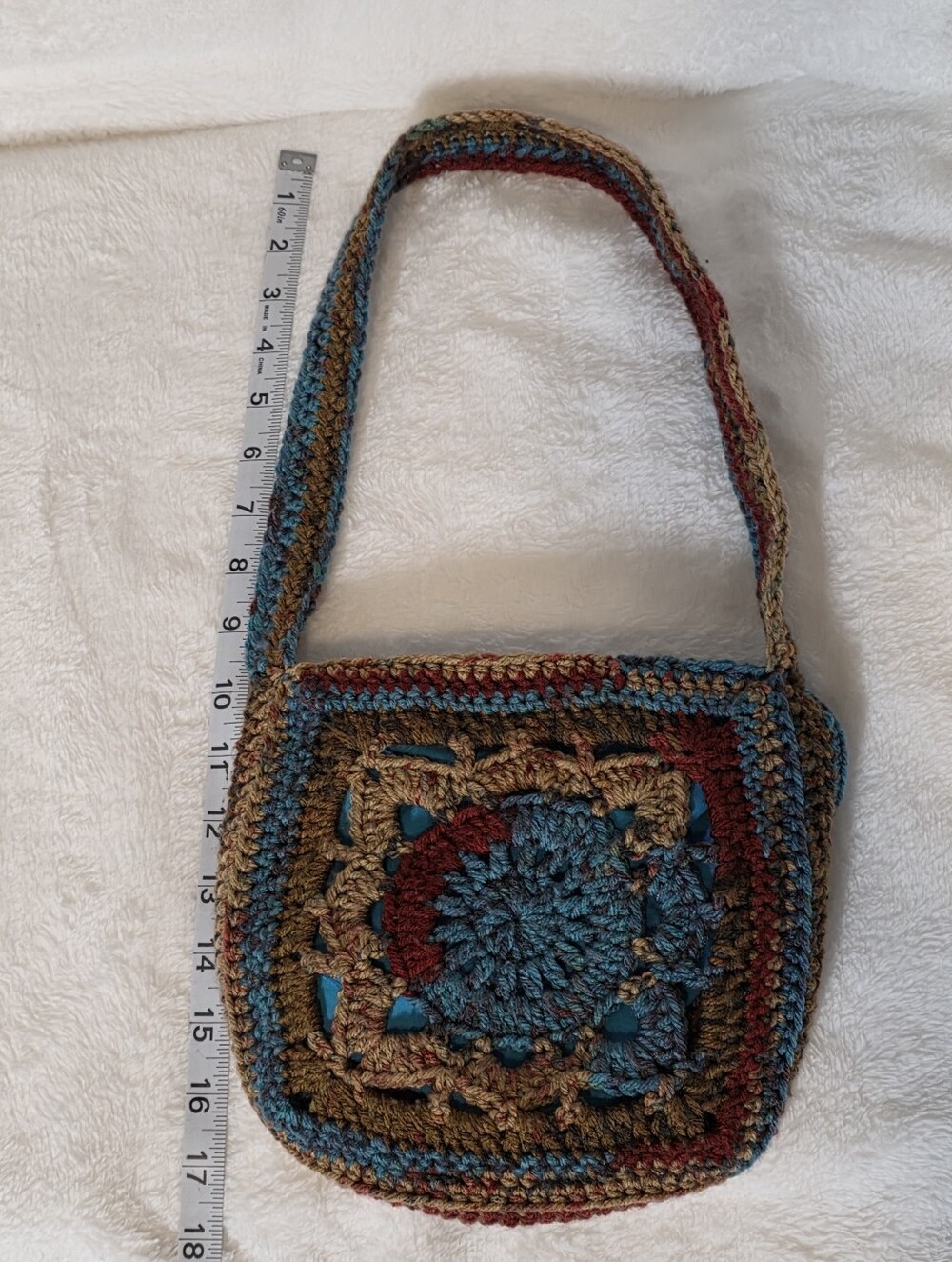 Handmade Multicolor Crochet Shoulder Bag - Blue/Tan/Brown